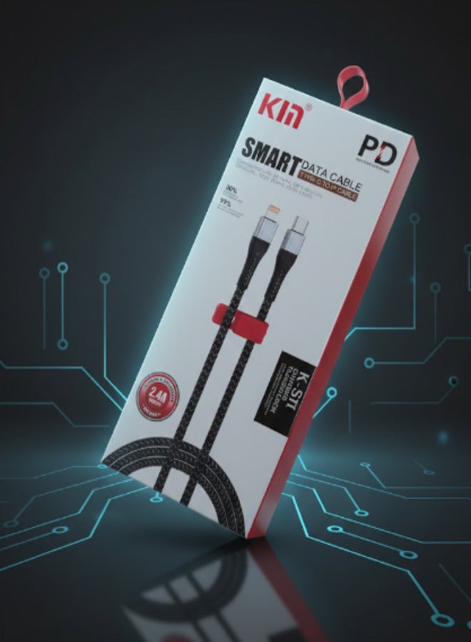 كابل بيانات KIN K-S11 الذكي بقدرة 20 واط بتقنية الشحن السريع من النوع C إلى نظام iOS - كابل عالي السرعة للشحن السريع 2.4 أمبير ومزامنة البيانات مع نسيج من الألياف الصناعية